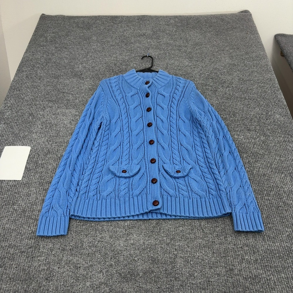 Vintage Lands End Cardigan Womens L Blue Cotton Cable Knit Mock Neck Classic